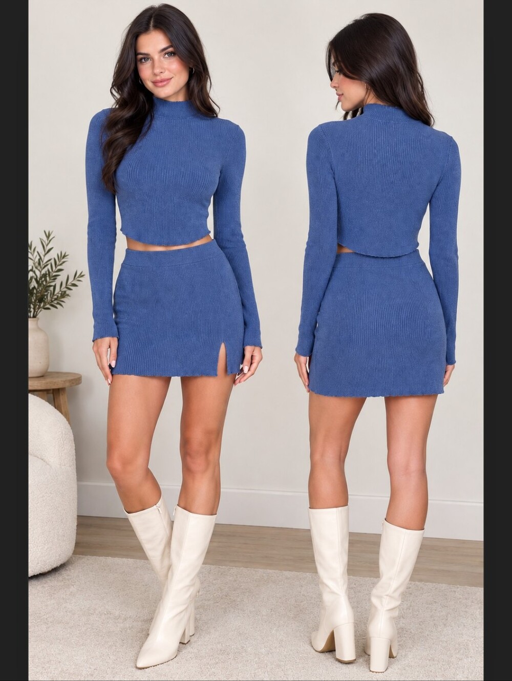 Klesis Ribbed Blue Mini Skirt And Sweater Set